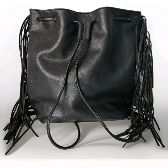 Victoria's Secret Fashion Backstage Black Faux Fur Fringe Backpack Bucket Bag - Picture 3 of 9